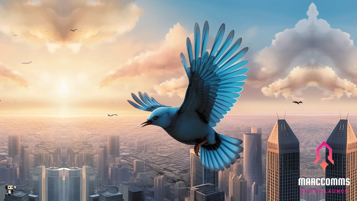 Realistic AI Twitter bird flying over skyline. Credit Shuttermaniac